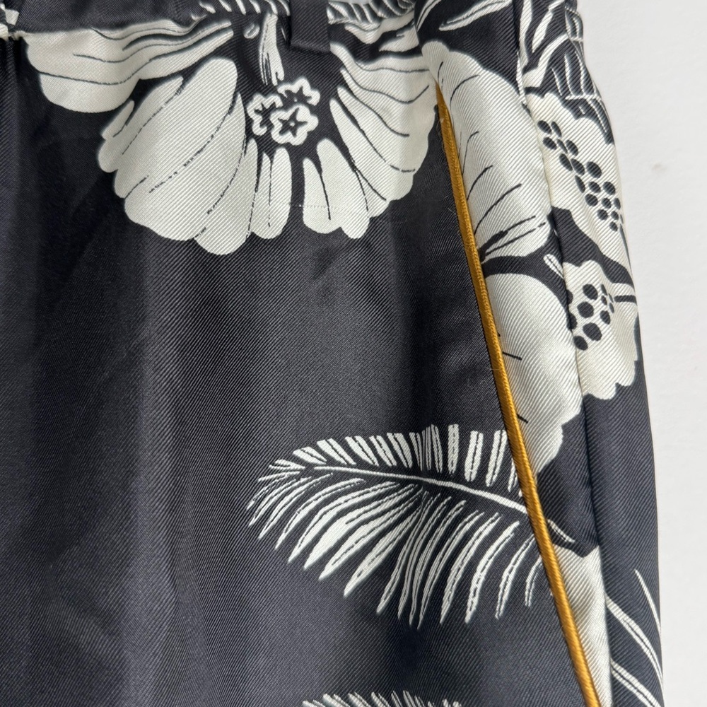 J.Crew 100% Silk Tropical Floral Pants Size 10 Black Cream Gold Piping - Picture 3 of 6